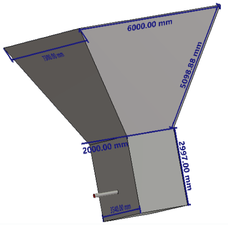 Rendering of the RHINO pyramidal horn antenna with dimensions: a 7.3 by 6 metre aperture flare section atop a rectangular waveguide